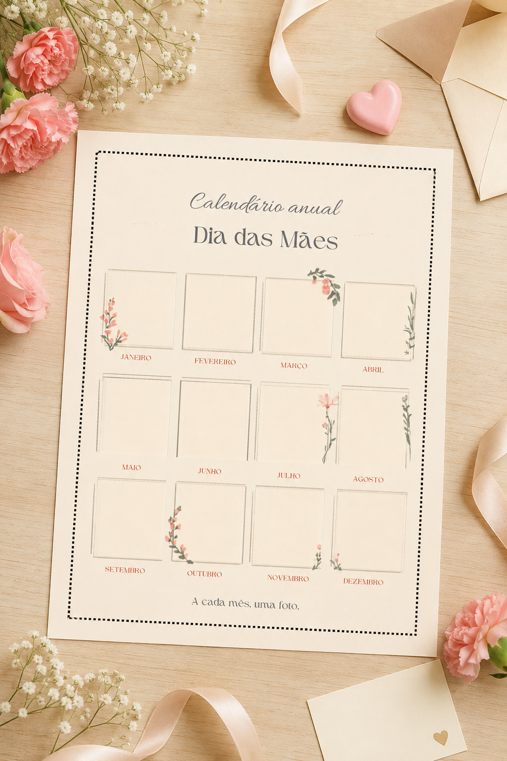 Calendário anual do Kit Amor de Mãe para colar fotos especiais de cada mês